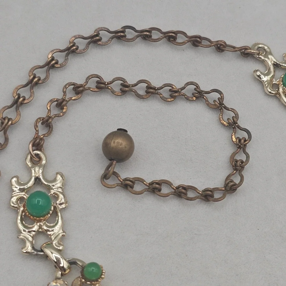 Vintage Necklace Gold Tone Green with Aurora Borealis Rhinestones